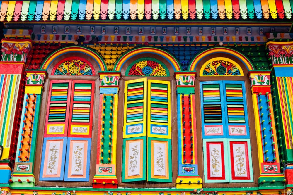 Brightly painted heritage house façade in Little India, Singapore
